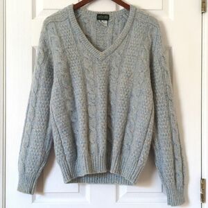 Izod 80's Vintage Speckle Wool Blend Chunky Cable Knit V-neck Aran Sweater Blue